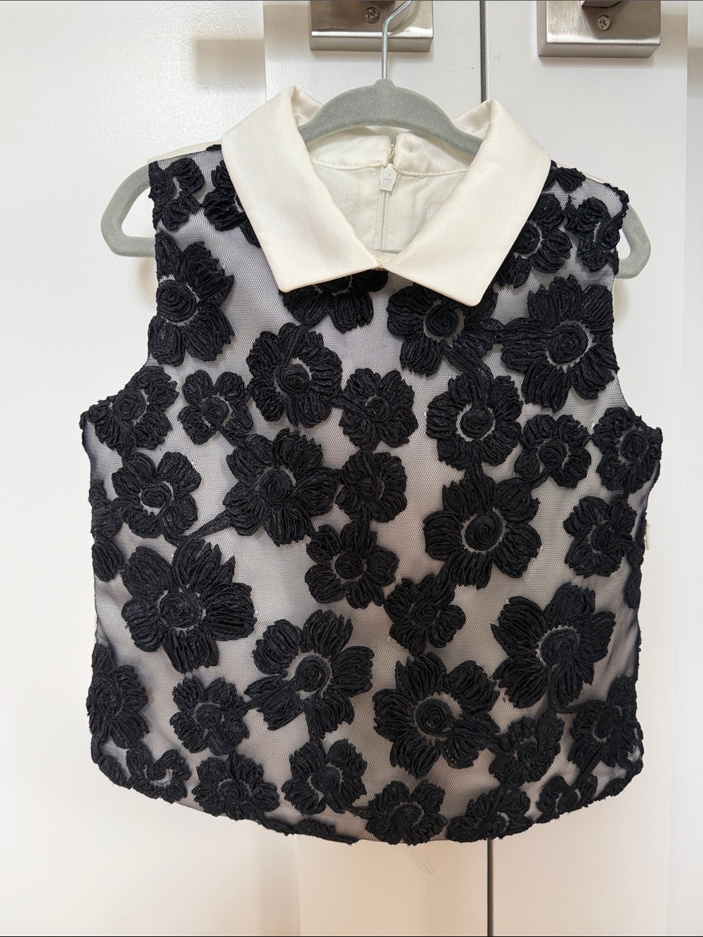 Girls Black Floral Appliqué Dress Top with Ivory Collar